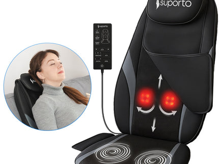 Aparat Masaj Spate Suporto DETENSO GO de tip Husa scaun de masaj cu Shiatsu si Vibromasaj, Perna Masaj cu Incalzire terapeutica, Reduce tensiunea si Relaxează Spatele, Functie Masaj Tintit, Negru