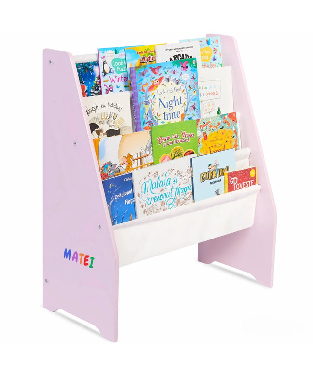 Raft de Carti pentru Copii, Organizator cu etajere din textil, pentru depozitare jucarii, carti si caiete. Mobilier din Lemn MDF, 71.5 x 62 x 30 cm