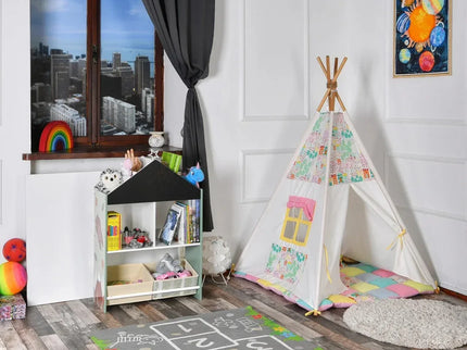 Biblioteca copii Verde, Organizator cu raft pentru carti, Cutii depozitare jucarii, Tabla de desen, Mobilier din Lemn MDF, Dulap tip casuta cu etajere, 90 x 62 x 27cm - Bebeboo - Totul pentru copii. Jucării, Hăinuțe, Perne, Mobilier, Textile