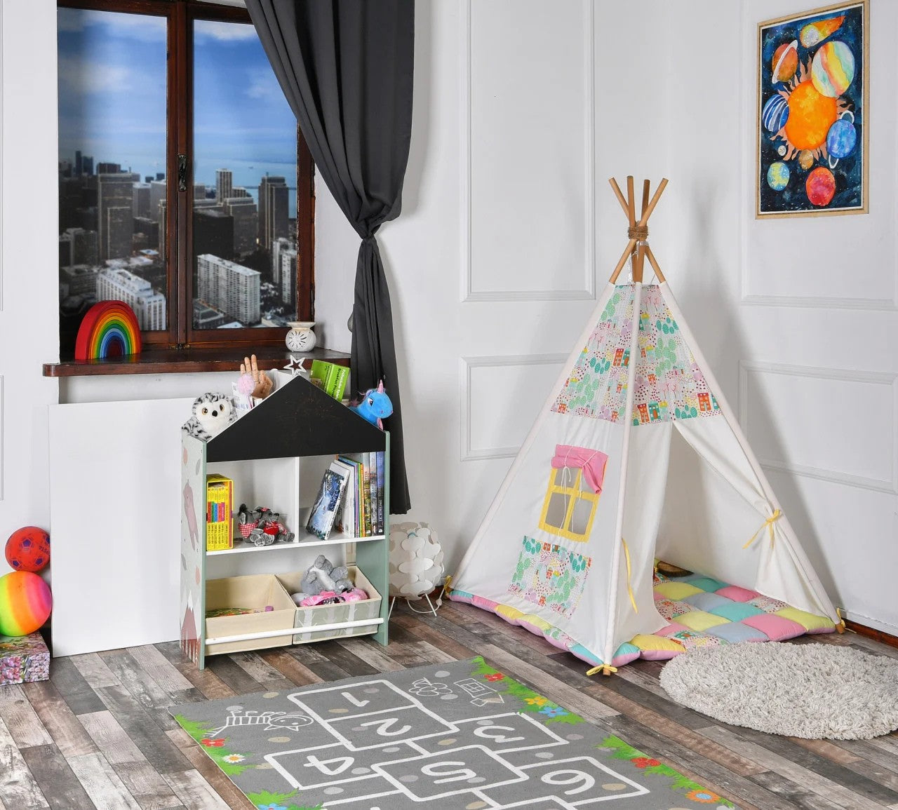 Biblioteca copii Verde, Organizator cu raft pentru carti, Cutii depozitare jucarii, Tabla de desen, Mobilier din Lemn MDF, Dulap tip casuta cu etajere, 90 x 62 x 27cm