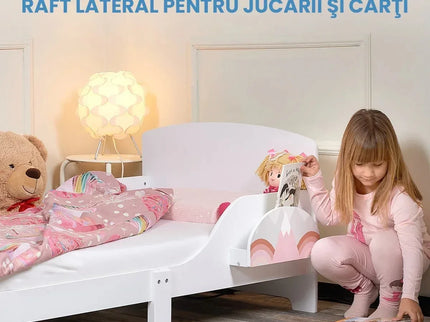 Pat Copii cu Protectie Laterala si Raft Depozitare Carti si Jucarii, Model Curcubeu, Patut pentru Fetite Varsta de 3 - 8 Ani, Mobilier din Lemn MDF, Alb + Bonus Stickere Fosforescente - Bebeboo - Totul pentru copii. Jucării, Hăinuțe, Perne, Mobilier, Textile