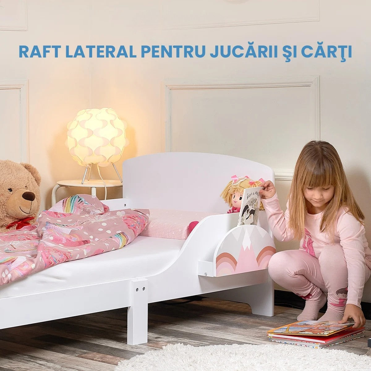 Pat Copii cu Protectie Laterala si Raft Depozitare Carti si Jucarii, Model Curcubeu, Patut pentru Fetite Varsta de 3 - 8 Ani, Mobilier din Lemn MDF, Alb + Bonus Stickere Fosforescente