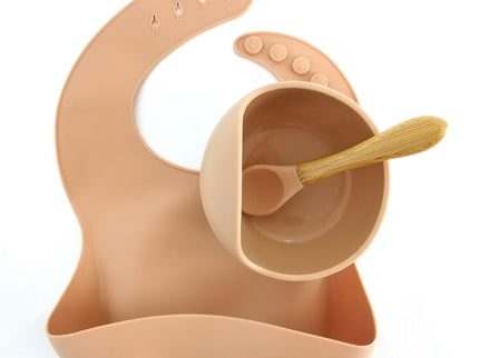 Set diversificare bebelusi (baveta, bol și linguriță) – Beige, 6 luni+, silicon