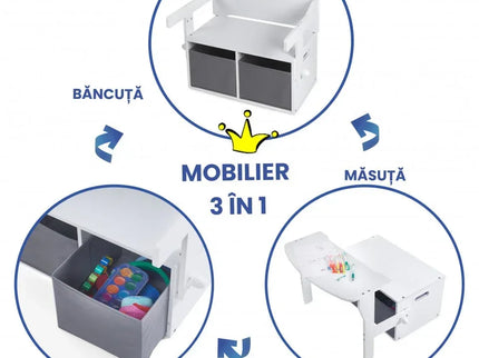 Birou Pentru Copii cu Scaun Convertibil Bancuta 3 in 1 Cu Masuta Si Spatii De Depozitare Jucarii din Lemn MDF, Culoare Alb cu Gri, Varsta 3-6 Ani - Bebeboo - Totul pentru copii. Jucării, Hăinuțe, Perne, Mobilier, Textile