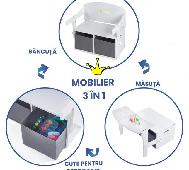 Birou Pentru Copii cu Scaun Convertibil Bancuta 3 in 1 Cu Masuta Si Spatii De Depozitare Jucarii din Lemn MDF, Culoare Alb cu Gri, Varsta 3-6 Ani - Bebeboo - Totul pentru copii. Jucării, Hăinuțe, Perne, Mobilier, Textile