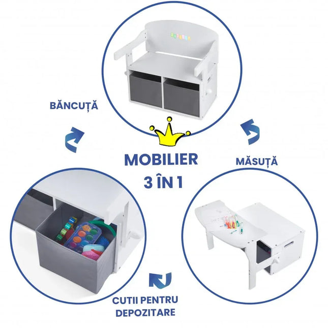 Birou Pentru Copii cu Scaun Convertibil Bancuta 3 in 1 Cu Masuta Si Spatii De Depozitare Jucarii din Lemn MDF, Culoare Alb cu Gri, Varsta 3-6 Ani - Bebeboo - Totul pentru copii. Jucării, Hăinuțe, Perne, Mobilier, Textile