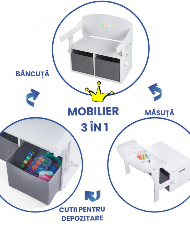 Birou Pentru Copii cu Scaun Convertibil Bancuta 3 in 1 Cu Masuta Si Spatii De Depozitare Jucarii din Lemn MDF, Culoare Alb cu Gri, Varsta 3-6 Ani