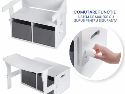 Birou Pentru Copii cu Scaun Convertibil Bancuta 3 in 1 Cu Masuta Si Spatii De Depozitare Jucarii din Lemn MDF, Culoare Alb cu Gri, Varsta 3-6 Ani - Bebeboo - Totul pentru copii. Jucării, Hăinuțe, Perne, Mobilier, Textile