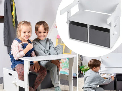 Birou Pentru Copii cu Scaun Convertibil Bancuta 3 in 1 Cu Masuta Si Spatii De Depozitare Jucarii din Lemn MDF, Culoare Alb cu Gri, Varsta 3-6 Ani - Bebeboo - Totul pentru copii. Jucării, Hăinuțe, Perne, Mobilier, Textile