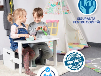 Birou Pentru Copii cu Scaun Convertibil Bancuta 3 in 1 Cu Masuta Si Spatii De Depozitare Jucarii din Lemn MDF, Culoare Alb cu Gri, Varsta 3-6 Ani - Bebeboo - Totul pentru copii. Jucării, Hăinuțe, Perne, Mobilier, Textile