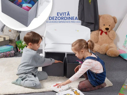 Birou Pentru Copii cu Scaun Convertibil Bancuta 3 in 1 Cu Masuta Si Spatii De Depozitare Jucarii din Lemn MDF, Culoare Alb cu Gri, Varsta 3-6 Ani - Bebeboo - Totul pentru copii. Jucării, Hăinuțe, Perne, Mobilier, Textile