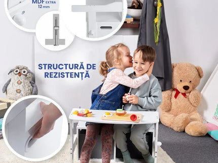 Birou Pentru Copii cu Scaun Convertibil Bancuta 3 in 1 Cu Masuta Si Spatii De Depozitare Jucarii din Lemn MDF, Culoare Alb cu Gri, Varsta 3-6 Ani - Bebeboo - Totul pentru copii. Jucării, Hăinuțe, Perne, Mobilier, Textile