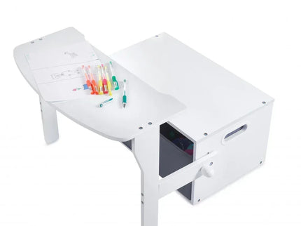 Birou Pentru Copii cu Scaun Convertibil Bancuta 3 in 1 Cu Masuta Si Spatii De Depozitare Jucarii din Lemn MDF, Culoare Alb cu Gri, Varsta 3-6 Ani - Bebeboo - Totul pentru copii. Jucării, Hăinuțe, Perne, Mobilier, Textile