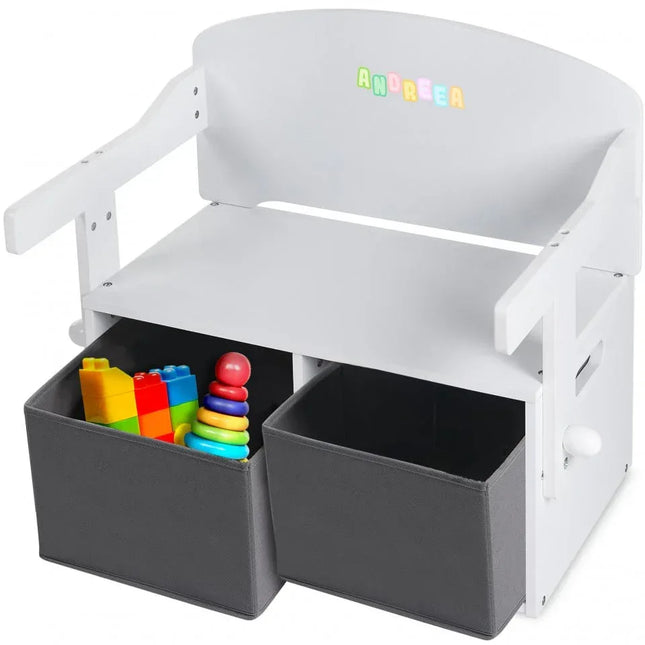 Birou Pentru Copii cu Scaun Convertibil Bancuta 3 in 1 Cu Masuta Si Spatii De Depozitare Jucarii din Lemn MDF, Culoare Alb cu Gri, Varsta 3-6 Ani - Bebeboo - Totul pentru copii. Jucării, Hăinuțe, Perne, Mobilier, Textile
