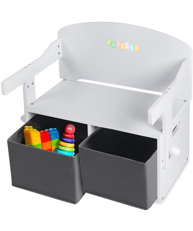 Birou Pentru Copii cu Scaun Convertibil Bancuta 3 in 1 Cu Masuta Si Spatii De Depozitare Jucarii din Lemn MDF, Culoare Alb cu Gri, Varsta 3-6 Ani