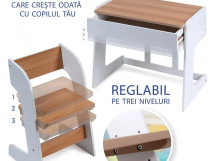Birou pentru copii Reglabil, din MDF, cu Scaunel reglabil, Spatiu de depozitare, Utilizari multiple, Alb - Bebeboo - Totul pentru copii. Jucării, Hăinuțe, Perne, Mobilier, Textile
