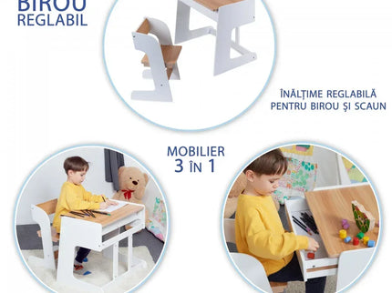 Birou pentru copii Reglabil, din MDF, cu Scaunel reglabil, Spatiu de depozitare, Utilizari multiple, Alb - Bebeboo - Totul pentru copii. Jucării, Hăinuțe, Perne, Mobilier, Textile