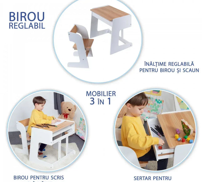 Birou pentru copii Reglabil, din MDF, cu Scaunel reglabil, Spatiu de depozitare, Utilizari multiple, Alb - Bebeboo - Totul pentru copii. Jucării, Hăinuțe, Perne, Mobilier, Textile