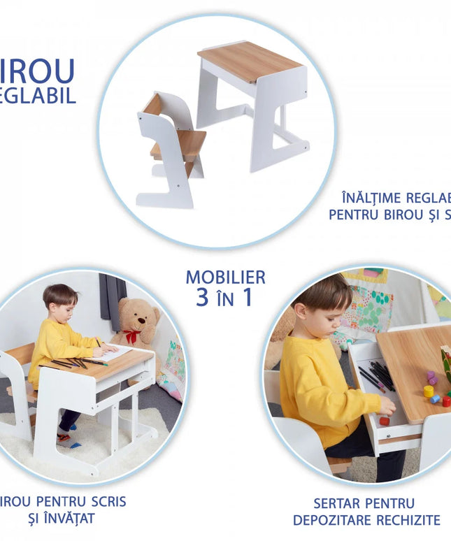 Birou pentru copii Reglabil, din MDF, cu Scaunel reglabil, Spatiu de depozitare, Utilizari multiple, Alb