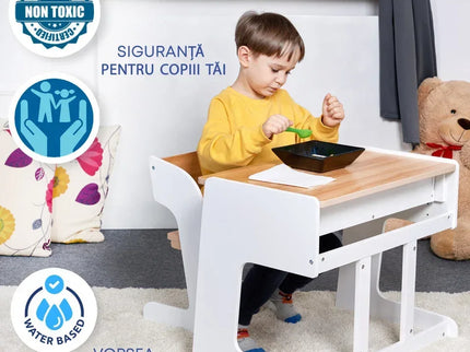 Birou pentru copii Reglabil, din MDF, cu Scaunel reglabil, Spatiu de depozitare, Utilizari multiple, Alb - Bebeboo - Totul pentru copii. Jucării, Hăinuțe, Perne, Mobilier, Textile