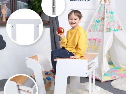 Birou pentru copii Reglabil, din MDF, cu Scaunel reglabil, Spatiu de depozitare, Utilizari multiple, Alb - Bebeboo - Totul pentru copii. Jucării, Hăinuțe, Perne, Mobilier, Textile