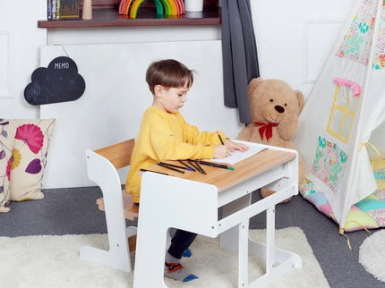 Birou pentru copii Reglabil, din MDF, cu Scaunel reglabil, Spatiu de depozitare, Utilizari multiple, Alb - Bebeboo - Totul pentru copii. Jucării, Hăinuțe, Perne, Mobilier, Textile