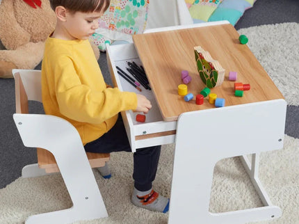 Birou pentru copii Reglabil, din MDF, cu Scaunel reglabil, Spatiu de depozitare, Utilizari multiple, Alb - Bebeboo - Totul pentru copii. Jucării, Hăinuțe, Perne, Mobilier, Textile