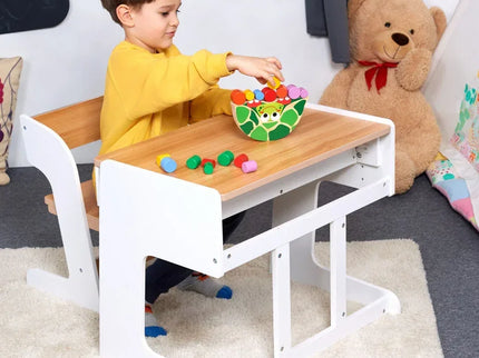 Birou pentru copii Reglabil, din MDF, cu Scaunel reglabil, Spatiu de depozitare, Utilizari multiple, Alb - Bebeboo - Totul pentru copii. Jucării, Hăinuțe, Perne, Mobilier, Textile