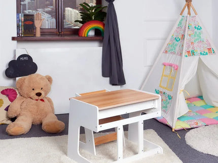 Birou pentru copii Reglabil, din MDF, cu Scaunel reglabil, Spatiu de depozitare, Utilizari multiple, Alb - Bebeboo - Totul pentru copii. Jucării, Hăinuțe, Perne, Mobilier, Textile