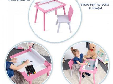 Birou pentru copii Roz cu tabla compatibila cu piese LEGO, din MDF, cu Scaunel, Rola de desen, Spatiu de depozitare, Blat reversibil - Bebeboo - Totul pentru copii. Jucării, Hăinuțe, Perne, Mobilier, Textile
