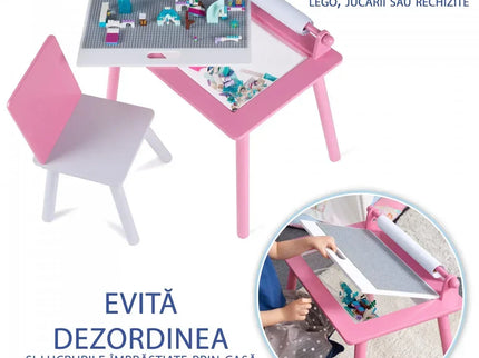 Birou pentru copii Roz cu tabla compatibila cu piese LEGO, din MDF, cu Scaunel, Rola de desen, Spatiu de depozitare, Blat reversibil - Bebeboo - Totul pentru copii. Jucării, Hăinuțe, Perne, Mobilier, Textile