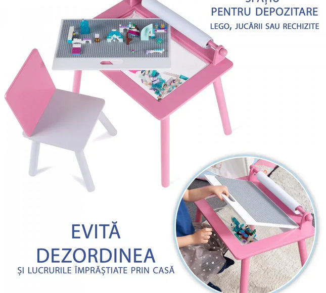Birou pentru copii Roz cu tabla compatibila cu piese LEGO, din MDF, cu Scaunel, Rola de desen, Spatiu de depozitare, Blat reversibil - Bebeboo - Totul pentru copii. Jucării, Hăinuțe, Perne, Mobilier, Textile