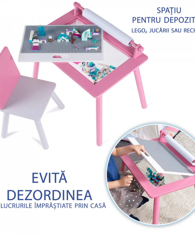 Birou pentru copii Roz cu tabla compatibila cu piese LEGO, din MDF, cu Scaunel, Rola de desen, Spatiu de depozitare, Blat reversibil