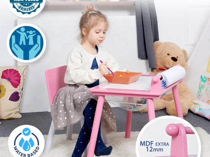 Birou pentru copii Roz cu tabla compatibila cu piese LEGO, din MDF, cu Scaunel, Rola de desen, Spatiu de depozitare, Blat reversibil - Bebeboo - Totul pentru copii. Jucării, Hăinuțe, Perne, Mobilier, Textile