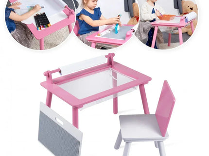 Birou pentru copii Roz cu tabla compatibila cu piese LEGO, din MDF, cu Scaunel, Rola de desen, Spatiu de depozitare, Blat reversibil - Bebeboo - Totul pentru copii. Jucării, Hăinuțe, Perne, Mobilier, Textile