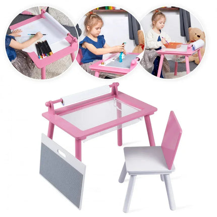 Birou pentru copii Roz cu tabla compatibila cu piese LEGO, din MDF, cu Scaunel, Rola de desen, Spatiu de depozitare, Blat reversibil - Bebeboo - Totul pentru copii. Jucării, Hăinuțe, Perne, Mobilier, Textile