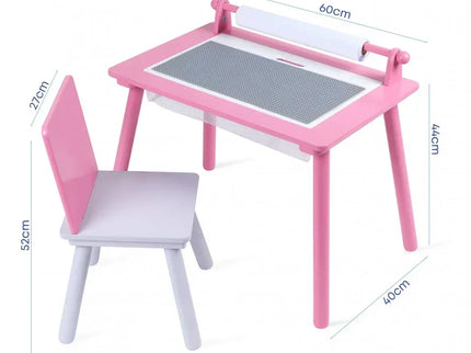 Birou pentru copii Roz cu tabla compatibila cu piese LEGO, din MDF, cu Scaunel, Rola de desen, Spatiu de depozitare, Blat reversibil - Bebeboo - Totul pentru copii. Jucării, Hăinuțe, Perne, Mobilier, Textile