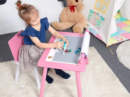 Birou pentru copii Roz cu tabla compatibila cu piese LEGO, din MDF, cu Scaunel, Rola de desen, Spatiu de depozitare, Blat reversibil - Bebeboo - Totul pentru copii. Jucării, Hăinuțe, Perne, Mobilier, Textile
