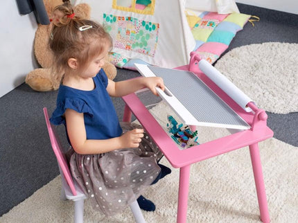 Birou pentru copii Roz cu tabla compatibila cu piese LEGO, din MDF, cu Scaunel, Rola de desen, Spatiu de depozitare, Blat reversibil - Bebeboo - Totul pentru copii. Jucării, Hăinuțe, Perne, Mobilier, Textile