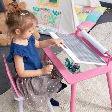 Birou pentru copii Roz cu tabla compatibila cu piese LEGO, din MDF, cu Scaunel, Rola de desen, Spatiu de depozitare, Blat reversibil - Bebeboo - Totul pentru copii. Jucării, Hăinuțe, Perne, Mobilier, Textile