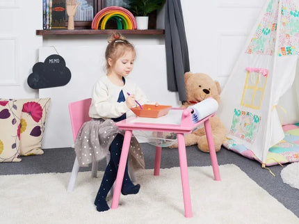 Birou pentru copii Roz cu tabla compatibila cu piese LEGO, din MDF, cu Scaunel, Rola de desen, Spatiu de depozitare, Blat reversibil - Bebeboo - Totul pentru copii. Jucării, Hăinuțe, Perne, Mobilier, Textile