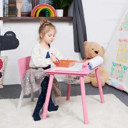 Birou pentru copii Roz cu tabla compatibila cu piese LEGO, din MDF, cu Scaunel, Rola de desen, Spatiu de depozitare, Blat reversibil - Bebeboo - Totul pentru copii. Jucării, Hăinuțe, Perne, Mobilier, Textile