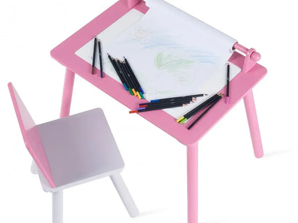 Birou pentru copii Roz cu tabla compatibila cu piese LEGO, din MDF, cu Scaunel, Rola de desen, Spatiu de depozitare, Blat reversibil - Bebeboo - Totul pentru copii. Jucării, Hăinuțe, Perne, Mobilier, Textile
