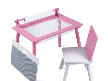 Birou pentru copii Roz cu tabla compatibila cu piese LEGO, din MDF, cu Scaunel, Rola de desen, Spatiu de depozitare, Blat reversibil - Bebeboo - Totul pentru copii. Jucării, Hăinuțe, Perne, Mobilier, Textile