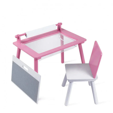 Birou pentru copii Roz cu tabla compatibila cu piese LEGO, din MDF, cu Scaunel, Rola de desen, Spatiu de depozitare, Blat reversibil - Bebeboo - Totul pentru copii. Jucării, Hăinuțe, Perne, Mobilier, Textile