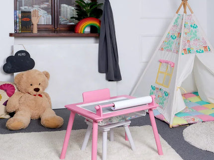 Birou pentru copii Roz cu tabla compatibila cu piese LEGO, din MDF, cu Scaunel, Rola de desen, Spatiu de depozitare, Blat reversibil - Bebeboo - Totul pentru copii. Jucării, Hăinuțe, Perne, Mobilier, Textile