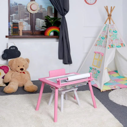 Birou pentru copii Roz cu tabla compatibila cu piese LEGO, din MDF, cu Scaunel, Rola de desen, Spatiu de depozitare, Blat reversibil - Bebeboo - Totul pentru copii. Jucării, Hăinuțe, Perne, Mobilier, Textile
