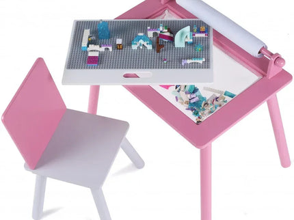 Birou pentru copii Roz cu tabla compatibila cu piese LEGO, din MDF, cu Scaunel, Rola de desen, Spatiu de depozitare, Blat reversibil - Bebeboo - Totul pentru copii. Jucării, Hăinuțe, Perne, Mobilier, Textile