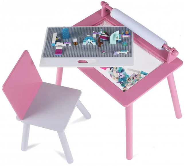 Birou pentru copii Roz cu tabla compatibila cu piese LEGO, din MDF, cu Scaunel, Rola de desen, Spatiu de depozitare, Blat reversibil - Bebeboo - Totul pentru copii. Jucării, Hăinuțe, Perne, Mobilier, Textile