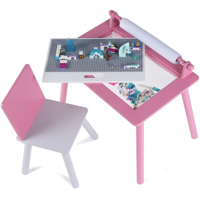 Birou pentru copii Roz cu tabla compatibila cu piese LEGO, din MDF, cu Scaunel, Rola de desen, Spatiu de depozitare, Blat reversibil - Bebeboo - Totul pentru copii. Jucării, Hăinuțe, Perne, Mobilier, Textile